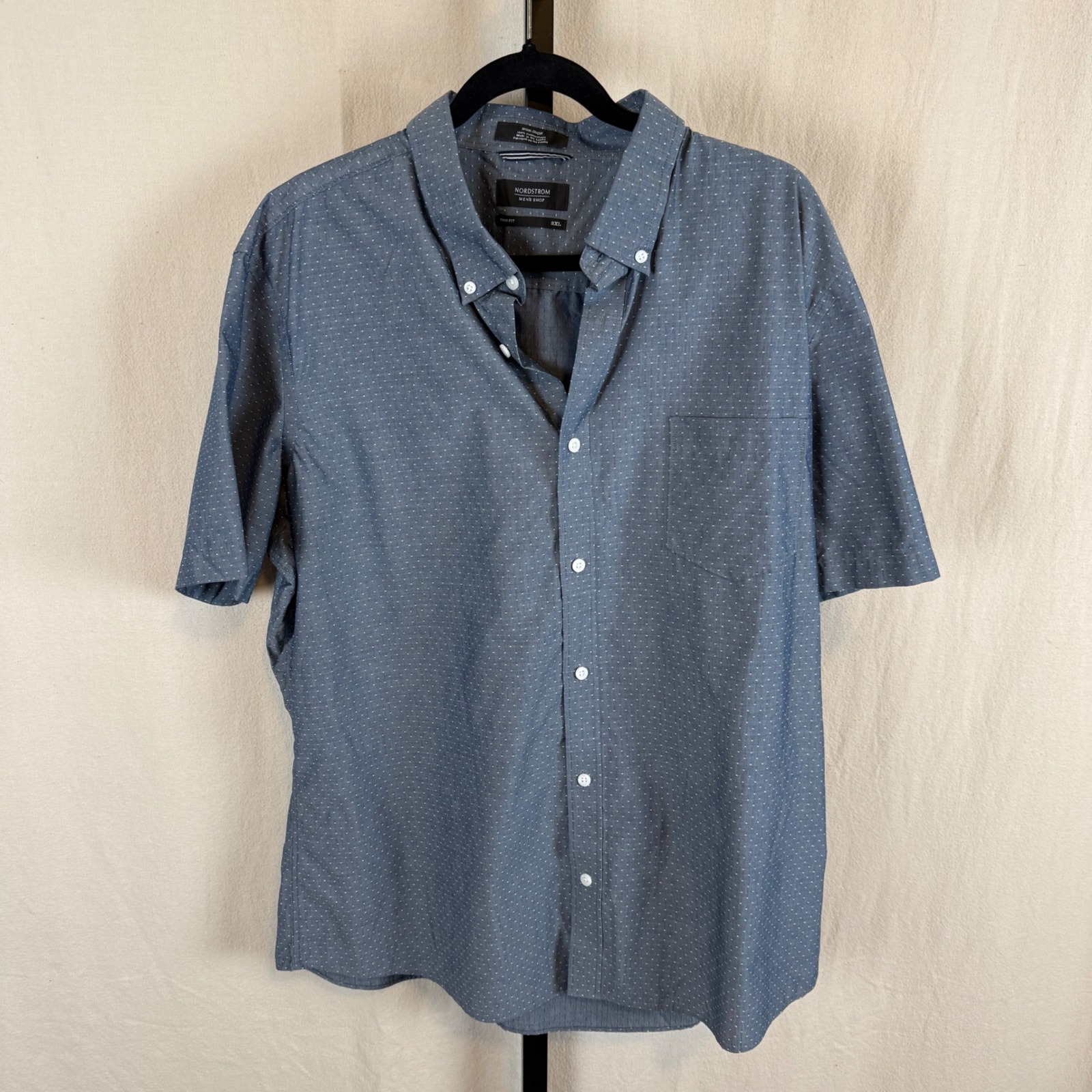 Nordstrom Men's Shop Shirt 2xl Blue Micro Dot Non-Iron Cotton Trim Fit Short Slv